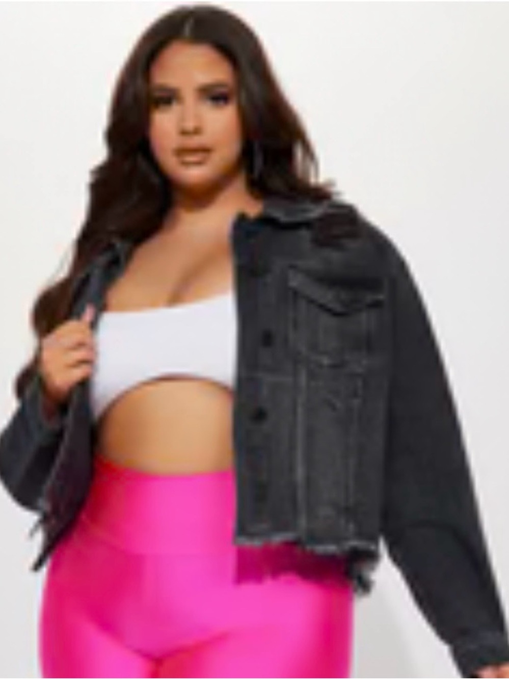 Fashion Nova Black Cropped Denim Jacket with Raw Hem